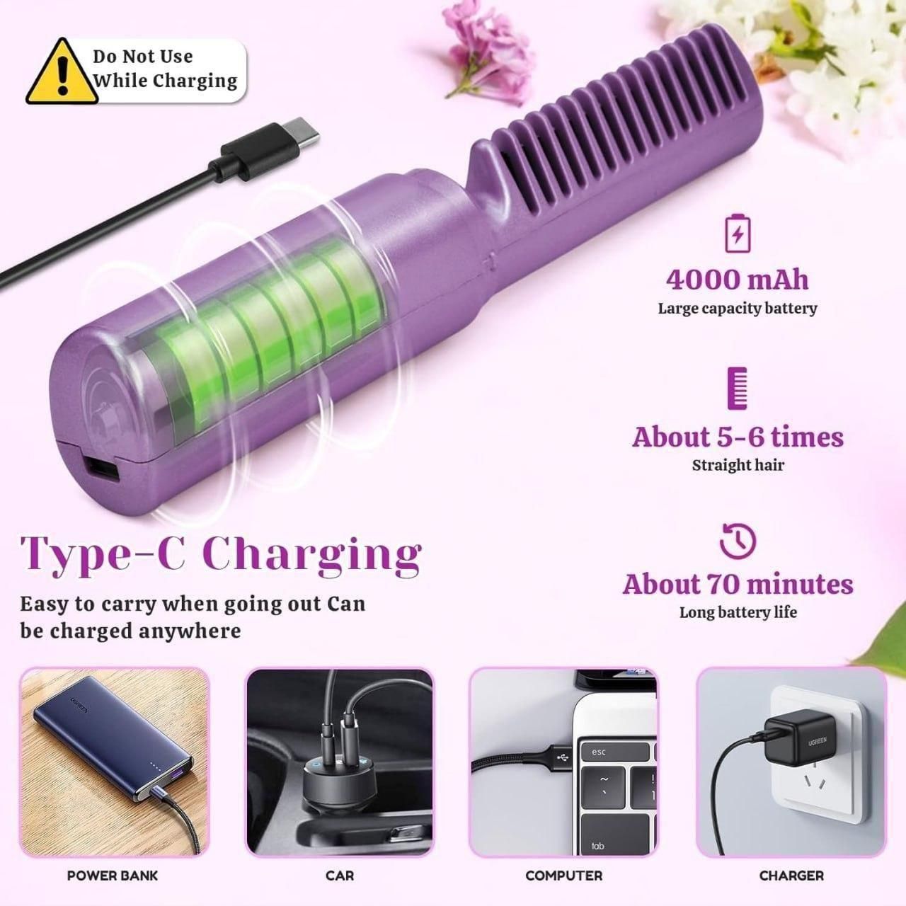 Cordless Mini Hair Straightener – Rechargeable & Portable Hot Comb
