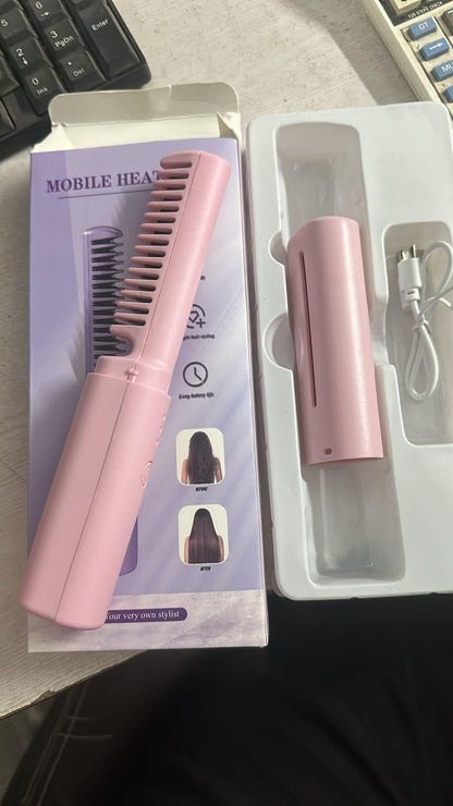 Cordless Mini Hair Straightener – Rechargeable & Portable Hot Comb